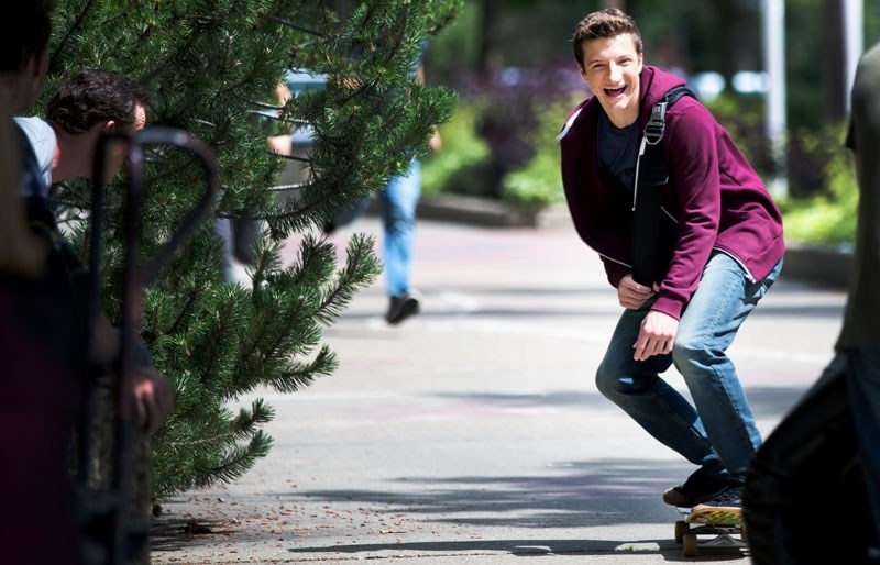 #Roxy star Jake Short films a scene near Bellerose High on Thursday. His prosthetic nose was hardly noticeable in a straight shot
