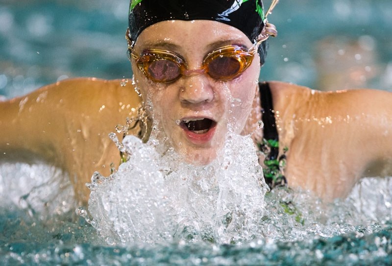 St. Albert swimmer Avianna Vezeau competes in the female 100m individual medley category during the St. Albert Sailfish Swim Club meet at Fountain Park Recreation Centre last 