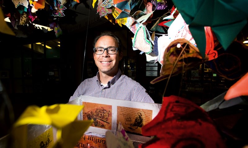 City of St. Albert cultural business and events manager Stephen Bourdeau is pictured with paper butterflies at St. Albert Place on Wednesday. The city will be removing the