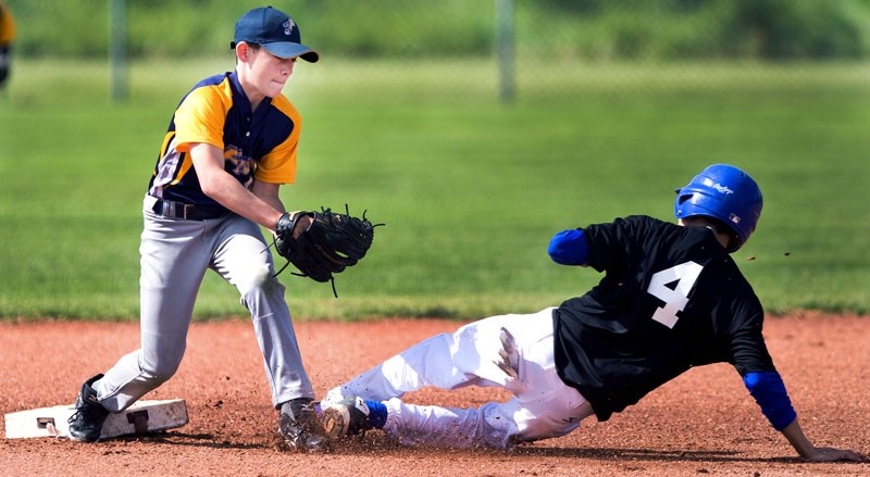 MAKING THE OUT â€“ Brydon Foster of the St. Albert Falcons makes a play at second base against the Norway House (MB #1) Lightning on Saturday at the U16A Western Canadian