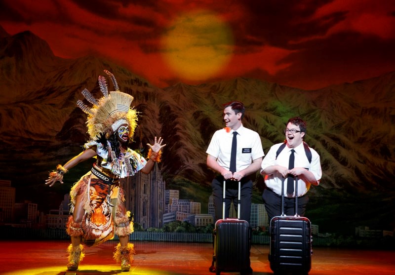 Two Mormon missionaries face culture shock in Uganda in the touring show of satirical Book of Mormon opening Sept. 13 at Northern Alberta Jubilee Auditorium.