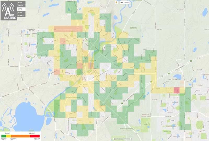 THE BIG PICTURE — This graphic provided by Aircasting.org shows the results of two particulate matter surveys done last July in the St. Albert region by the Gazette. Green