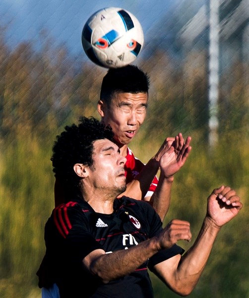HEADBANGER â€“ Jon Mark of the division 1A St. Albert Rangers connects on a header in Wednesday&#8217;s premier men&#8217;s promotion challenge with AC Milan in the Edmonton
