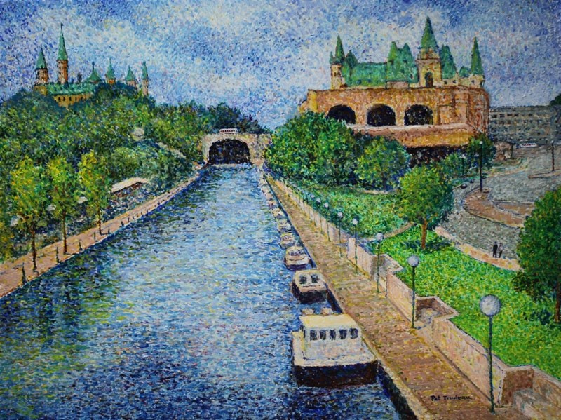 New pointillist work by Pat Trudeau features the Rideau Canal in Ottawa. This is just one of more than 60 pieces in her new show.