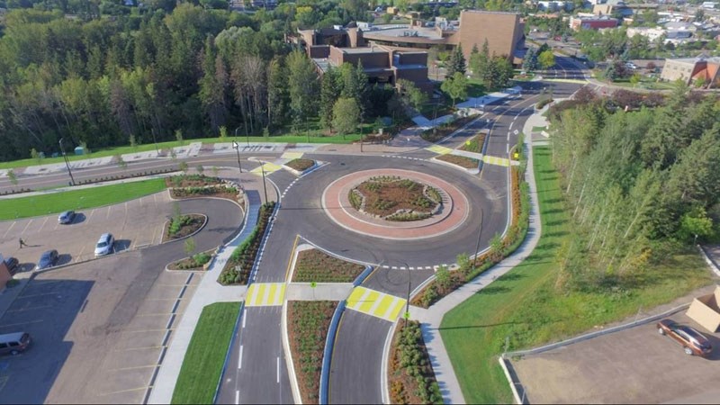 ROUNDABOUT DOWNTOWN â€“ An aerial shot of the realigned St. Anne Street. Work on the $4.45 million project wrapped up this week with an official opening ceremony.