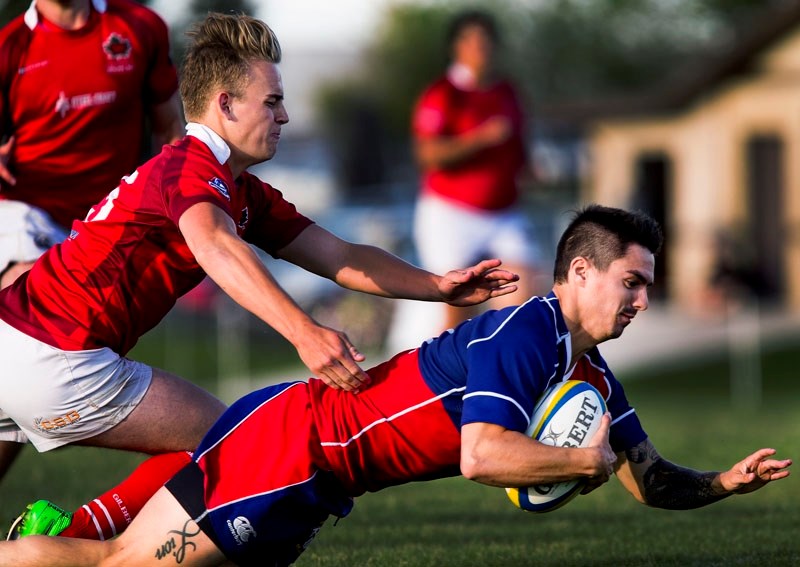 TRY TIME â€“ Aaron Weicker scores the second try of the night for the premier men&#8217;s team against the Strathcona Druids in Thursday&#8217;s 35-20 victory at the St.