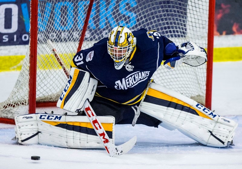PUCK STOPPER â€“ Ryen Papirny of the St. Albert Merchants stops one of the game-high 35 shots he faced in the season-opening 4-2 win over the Spruce Grove Regals last weekend 