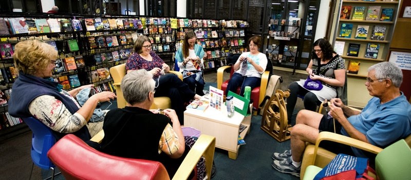 Members of the Knit-Lit club converse at the St. Albert Public Library.