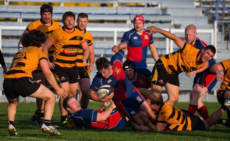 DOWN BUT NOT OUT â€“ Jake Robinson of the St. Albert Rugby Football Club takes a spill in front of teammate Lawrence Ross in the Labatt&#8217;s Cup provincial final against