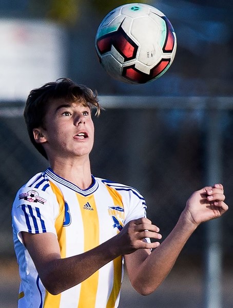 ON THE BALL â€“ Nicholas Duro heads the ball for the St. Albert Impact in a game earlier this season. The fourth-place finishers at the U14 National Cup in Moncton