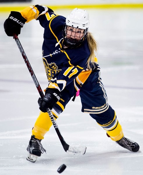 SHOOTER â€“ Hannah MacDonald of Wetaskiwin fires the puck for the midget AAA St. Albert Slash in the Alberta Female Hockey League. Today at 2:15 p.m. the Slash host the