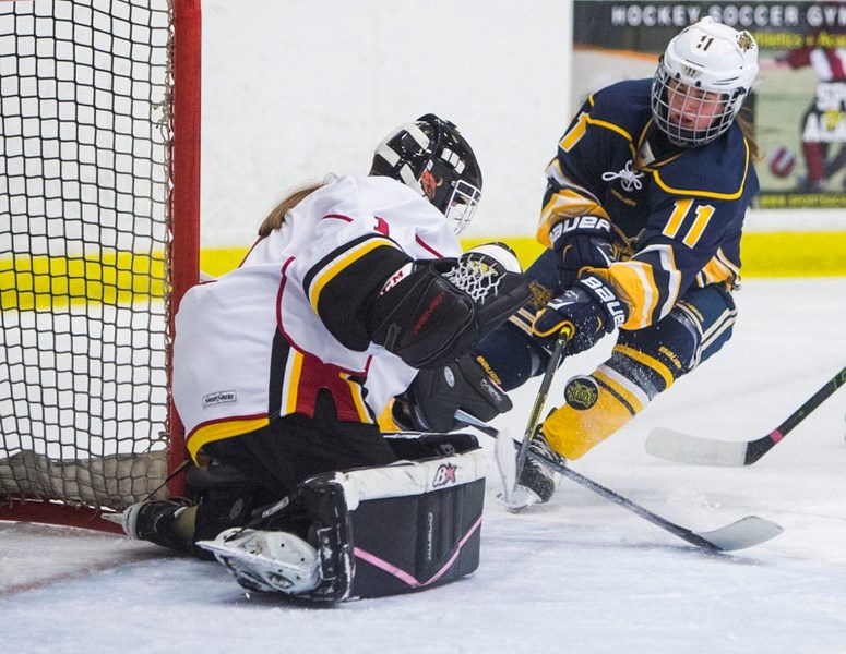 CLOSE CALL â€“ Payden Bialowas of the midget elite St. Albert Sharks is denied a goal by netminder Maia Busi of Calgary Fire White in the Alberta Female Hockey League. The