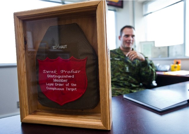 LUCKY â€“ The body armour plate that saved Lt.-Col. Derek Prohar&#8217;s life during the 2006 Battle of Sperwan Ghar in Afghanistan. A Taliban sniper shot him in the chest