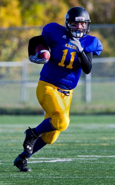 FULL SPEED AHEAD â€“ Adam Callbeck of the St. Albert High Skyhawks looks for open space running with the ball. Friday the Skyhawks played the Strathcona Lords in the Miles