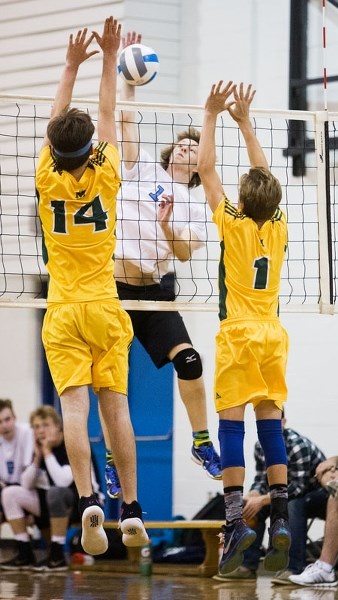 BALL BLASTER â€“ John Farr pounds the ball for the Paul Kane Blues in metro Edmonton senior men&#8217;s action. Monday the Blues