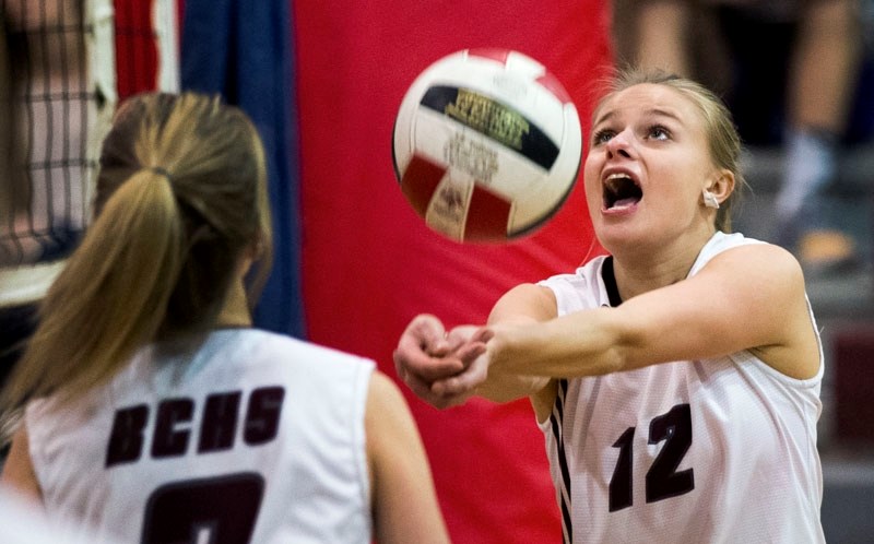 ON THE BALL â€“ Kristin Kolthof reacts to bumping the ball for the Bellerose Bulldogs