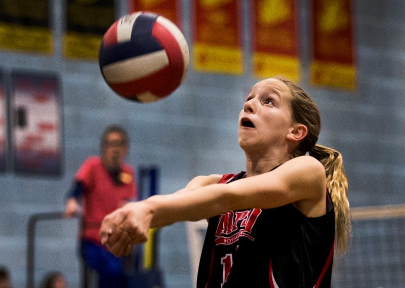 LOCKED IN â€“ Jamie Stolk is focused on the volleyball for the Sir George Simpson Voyageurs