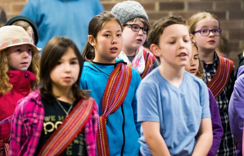 CELEBRATING HISTORY â€“ Leo Nickerson and Sir George Simpson students sing a Métis song at St. Albert Place Wednesday as the city officially proclaims Métis Week. Several