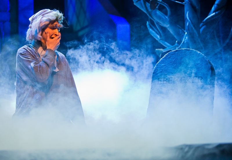 Adam Klatchuk as Scrooge is forced to face his miserly existence of selfishness in St. Albert Theatre Troupe&#8217;s A Seussfied Christmas now running at the Arden Theatre
