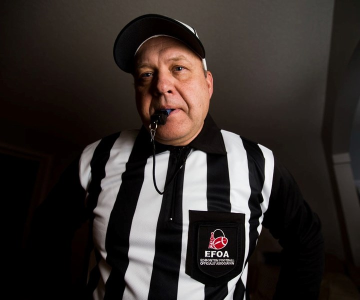 BLOWING THE WHISTLE â€“ Kelly Edgeworth of St. Albert is the head referee at the Vanier Cup today between the Calgary Dinos and Laval Rouge et Or in Hamilton.