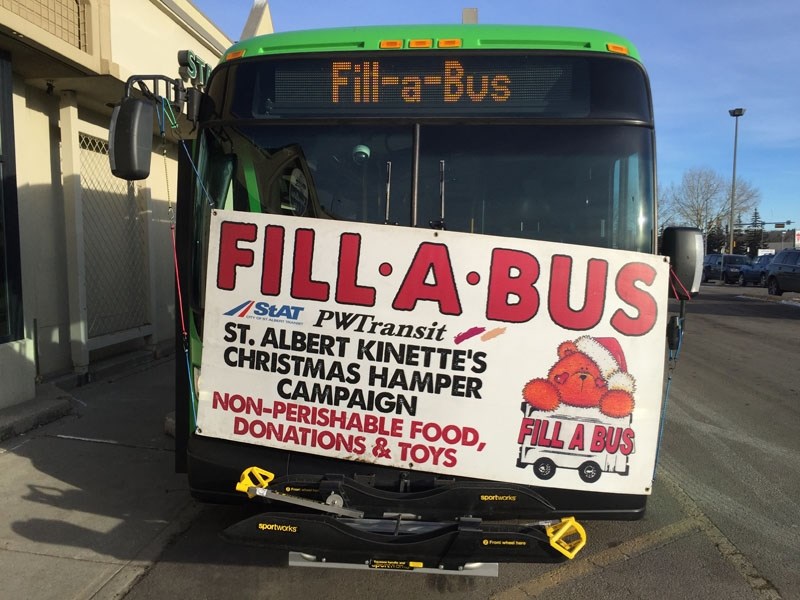 Fill A Bus (Dec. 10 at Canadian Tire and various grocery sites around St. Albert) is the largest one-day collection for the Kinette Christmas Hamper Campaign.
