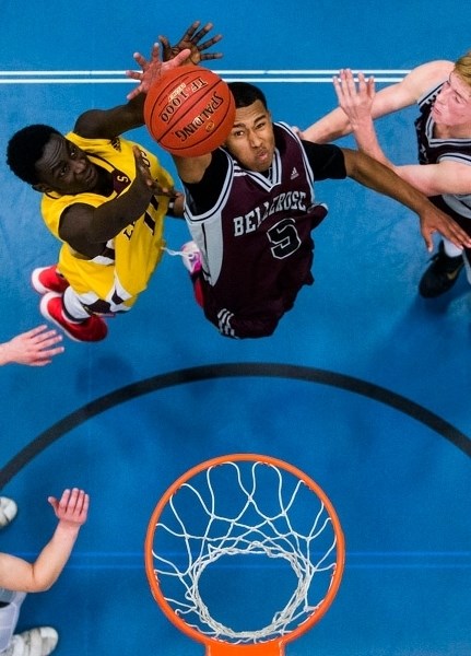 HIGH JUMPER â€“ Scott Robson of the Bellerose Bulldogs goes airborne with the ball in Thursday&#8217;s 94-71 loss to the Leboldus Golden Suns of Regina in the round of 16 at