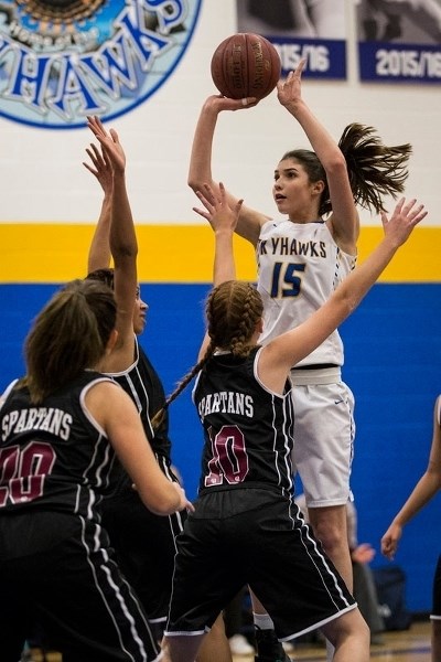 BASKET WEAVER â€“ Sarah Dedrick of the St. Albert Skyhawks shoots for the hoop in Monday&#8217;s 54-28 win over the O&#8217;Leary Spartans in the metro Edmonton division one