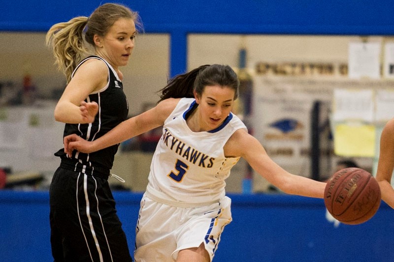 MOVING FORWARD â€“ Abby Morrison of the St. Albert Skyhawks dodges a defender in metro Edmonton division one action. Monday the Skyhawks visit the Paul Kane Blues at 5 p.m.
