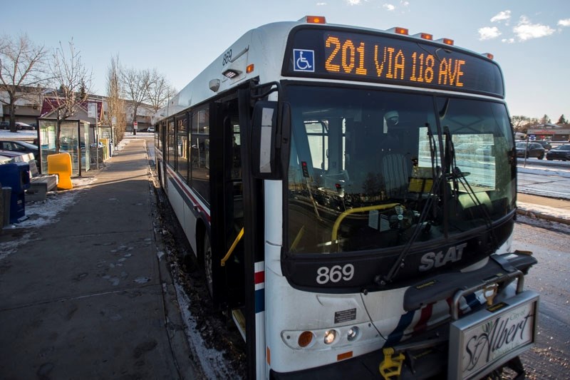 The St. Albert Transit Route 201 prepares to leave St. Albert Place Exchange for downtown Edmonton. Coun. Wes Brodhead says there are &quot;encouraging&quot; signs from the
