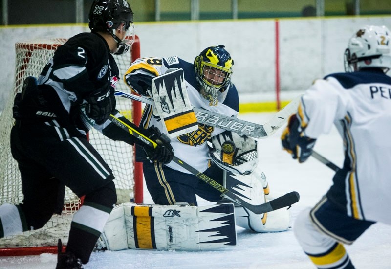 CATCHER – Ethan Barwick snags a puck for the St. Albert Gregg Distributors Sabres during action in the Alberta Major Bantam Hockey League. The Sabres were a league-best