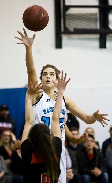 FLY BALL – Anika Steele of the Paul Kane Blues gets a shot away against the Jasper Place Rebels in Saturday&#8217;s final at the Paul Kane Classic. The Rebels won 64-41.