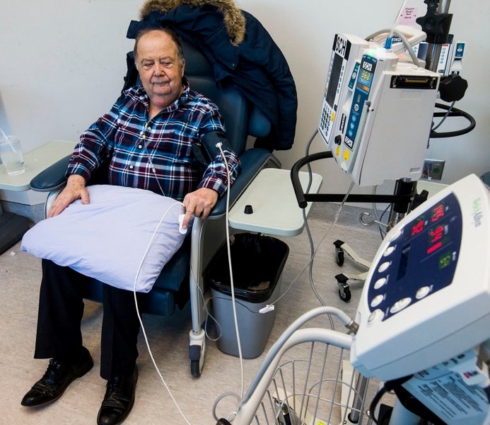Tom Savage of St. Albert has a few tests run at the Sturgeon Hospital&#8217;s IV clinic recently. The room&#8217;s reclining chairs were donated by the St. Albert Breakfast