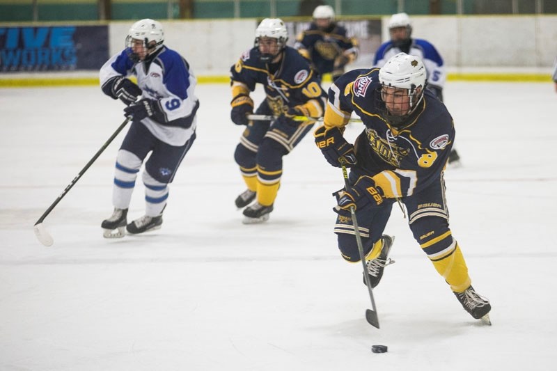 SPEED SKATER â€“ Matt Offenberger of the St. Albert Flyers charges forward with the puck during a game in the Alberta Minor Midget AAA Hockey League. Tonight the Flyers