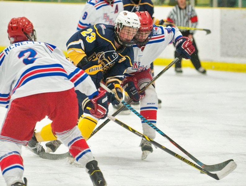 SPLITTING THE MIDDLE – Owen Churko of the St. Albert Tire Warehouse Raiders skates through the defensive tandem of Kaiden Collumb