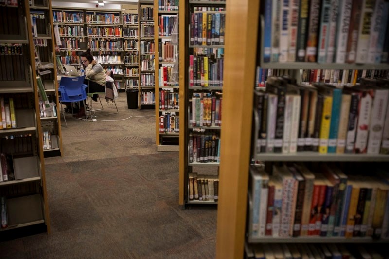 A library patron works at a computer in the centre of the St. Albert Public Library.