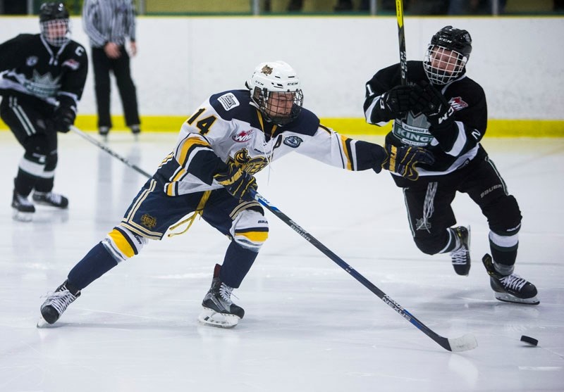 SHARP SKATER – Ryley Morgan of the St. Albert Gregg Distributors Sabres chases after the puck in the bantam AAA playoff series against the Sherwood Park Flyers at Akinsdale