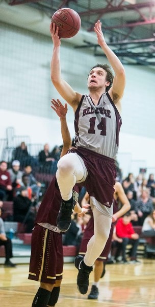 LEAPER â€“ Ben Jones-Petrecca of the Bellerose Bulldogs jumps to the hoop in Tuesday&#8217;s metro Edmonton division two senior men&#8217;s quarter-final playoff at