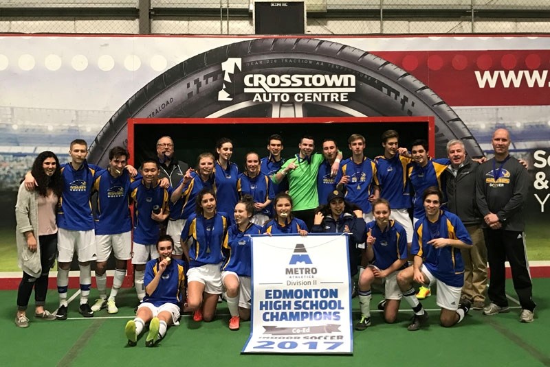 SOCCER STARS â€“ The St. Albert Skyhawks finished 10-0-1 as the metro Edmonton division two co-ed indoor soccer champions after beating the Salisbury Sabres 2-1 in last