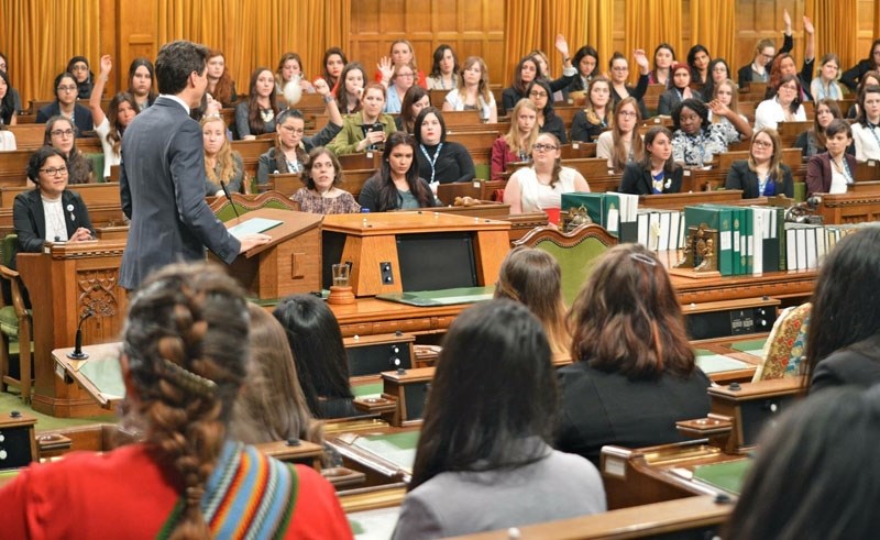 Prime Minister Justin Trudeau addressing Daughters of the Vote delegates in the House of Commons March 1 on International Women&#8217;s Day.