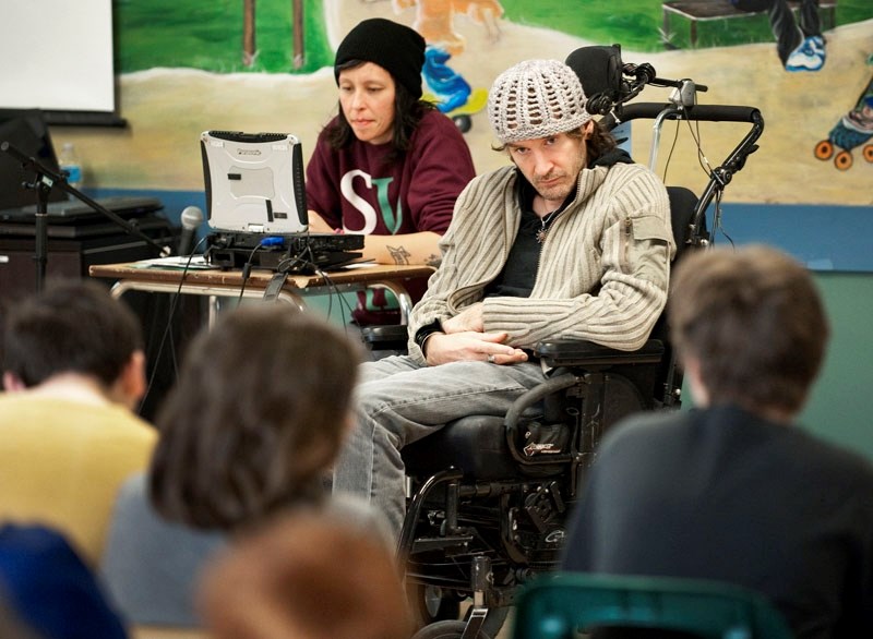 Speaker Jade Bell addresses students on the dangers of drug use at Sir George Simpson School in St. Albert March 13
