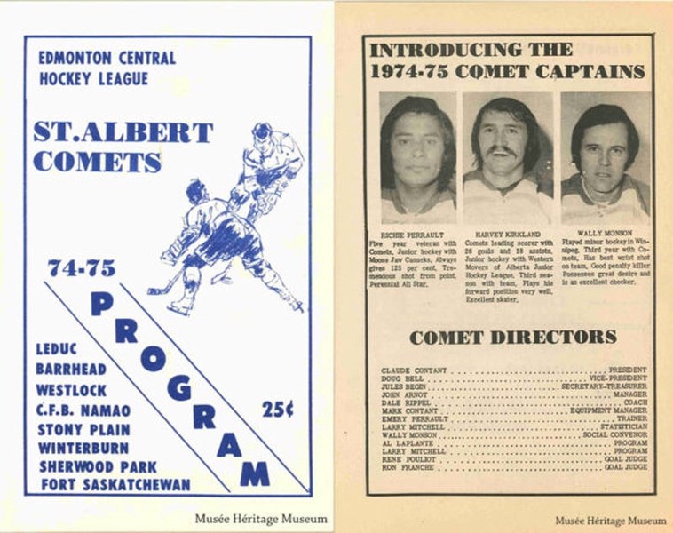 A program for the 1974-75 St. Albert Comets of the Edmonton Central Hockey League. The Musée Héritage Museum recently completed an archival project featuring a trove of the