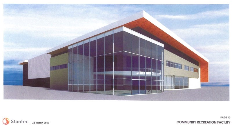 CONCEPT VIEW – A conceptual illustration of the front of the Morinville rec-centre presented to council Tuesday by Stantec. Phase One of the centre has been pegged at $17