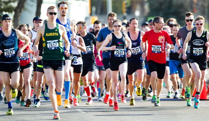 ROAD RACERS – Runners in the 10-miler lead the way from the start line at last year&#8217;s Landrex St. Albert Road Race. This year&#8217;s road race