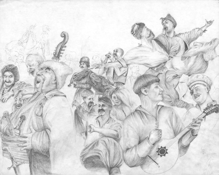 Late Bellerose High School art teacher Lawrence Kenakin produced many excellent works of his own. This one is a sketch of a much larger 360 degree multi-panel piece inspired