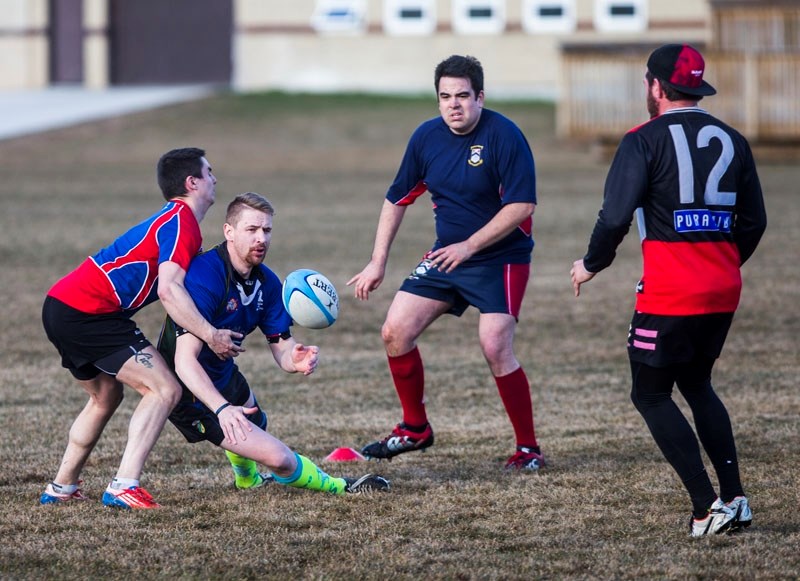 TRAINING SESSION â€“ St. Albert Rugby Football Club players participate in a drill in preparation for the upcoming season. This week at SARFC