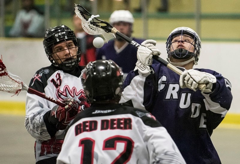 PLAY BALL â€“ Keegan Doll of the Crude Lacrosse Club of St. Albert takes a stab at the ball with a pair of Red Deer Rampage players in his midst during Sunday&#8217;s junior
