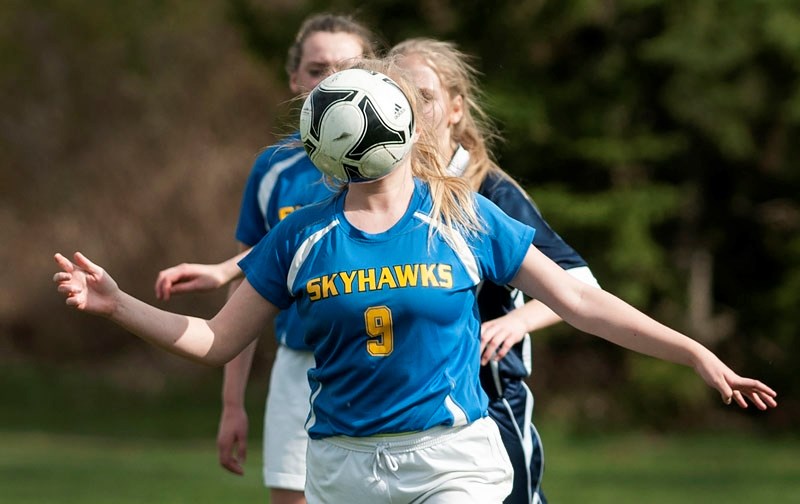 GAME FACE â€“ Rene Takats of the St. Albert Skyhawks appears to have a soccer ball for a head in Thursday&#8217;s metro Edmonton division two pool A match against the Paul