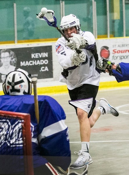 SHOT MAKER â€“ Jorden McCuaig of the Crude Lacrosse Club of St. Albert unleases a shot at Blake Tajiri of the Calgary Chill in Sunday&#8217;s junior B Tier I contest at