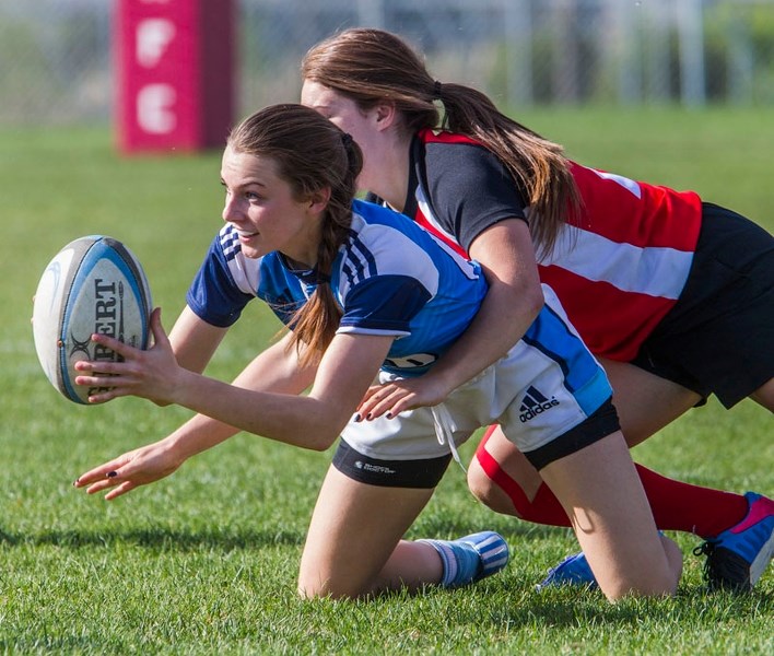 Paul Kane Blues women&#8217;s rugby lock position player Kaylee Musolino-Pearson looks for an outlet pass during Tuesday&#8217;s division two match-up against the Sturgeon