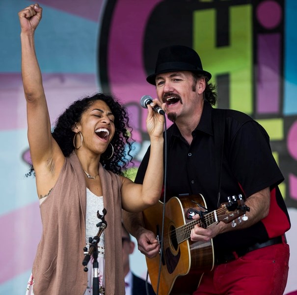 Singer-songwriter Martin Murphy and backup vocalist Tiffany Deriveau sing the spirited St. Albert Hurrah! at St. Albert&#8217;s Canada 150 Songwriting Competition held last